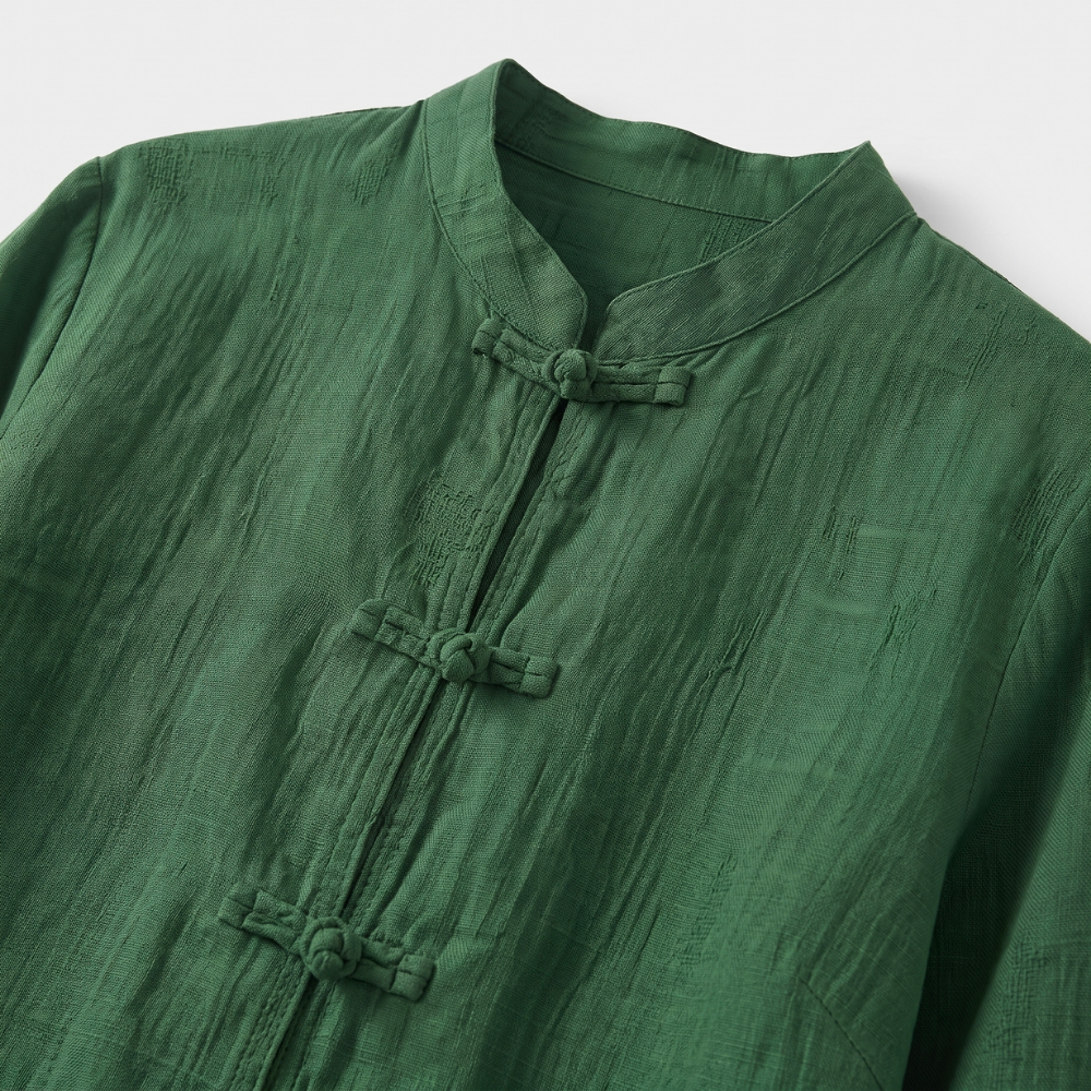Mandarin Collar Frog Button Linen Blouse for Casual Style