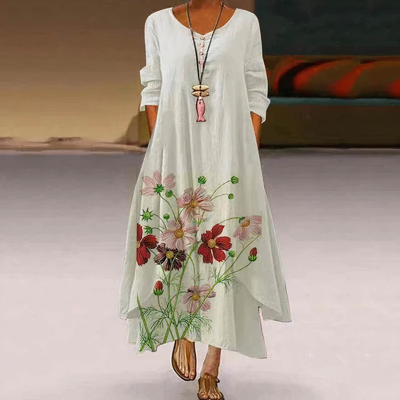 Floral Border Print Long Sleeve Oversized Maxi Dress