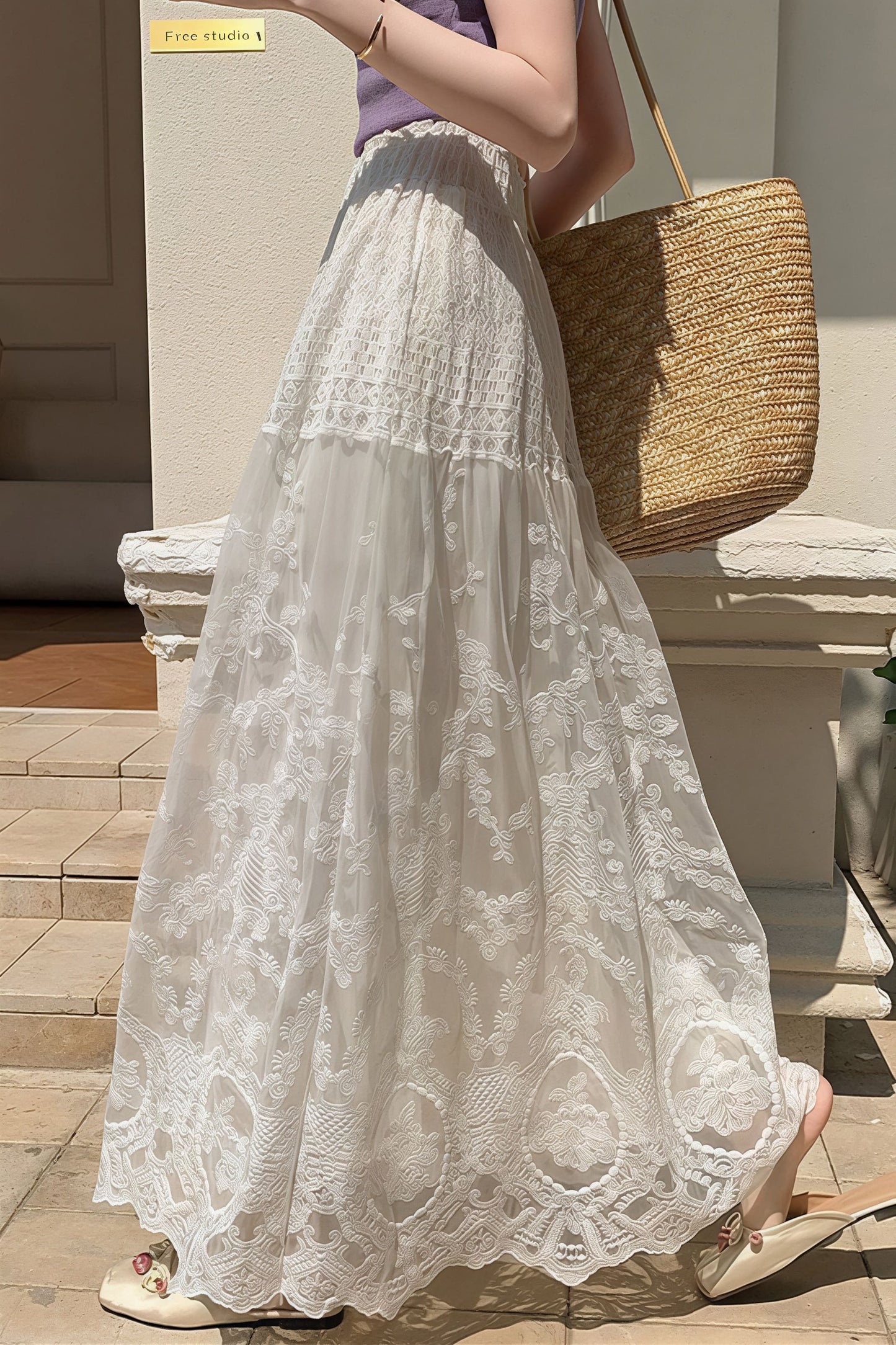 Lace Tulle Swing High Waist Skirt