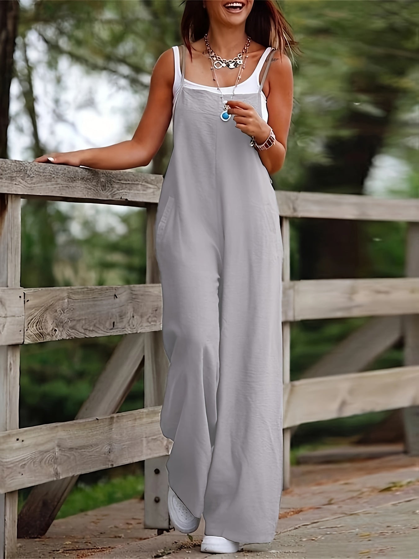 Wide Leg Linen Sleeveless Dungaree Casual Jumpsuit