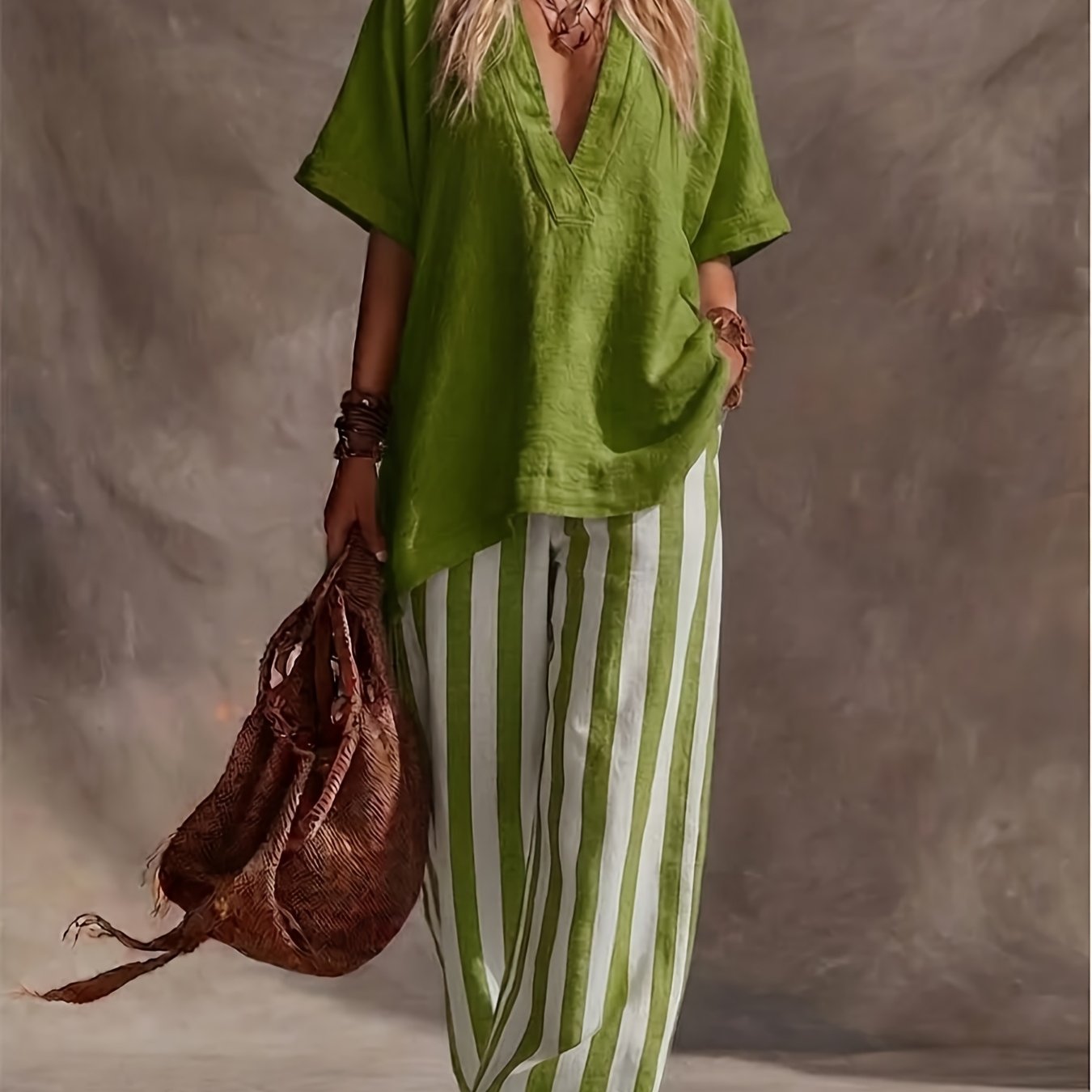 Linen V Neck Short Sleeve Top and Striped Wide Leg Pants Set
