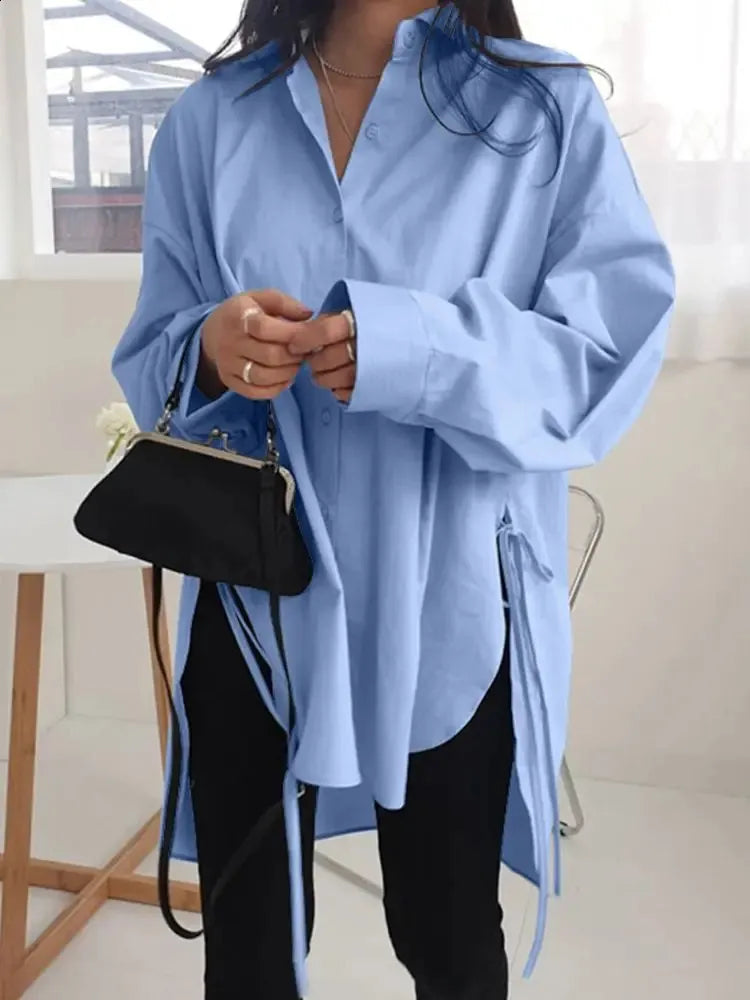 Uneven Lace-Up Button Lapel Blouse