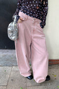 Pink Heart Pocket Loose Wide Leg Jeans