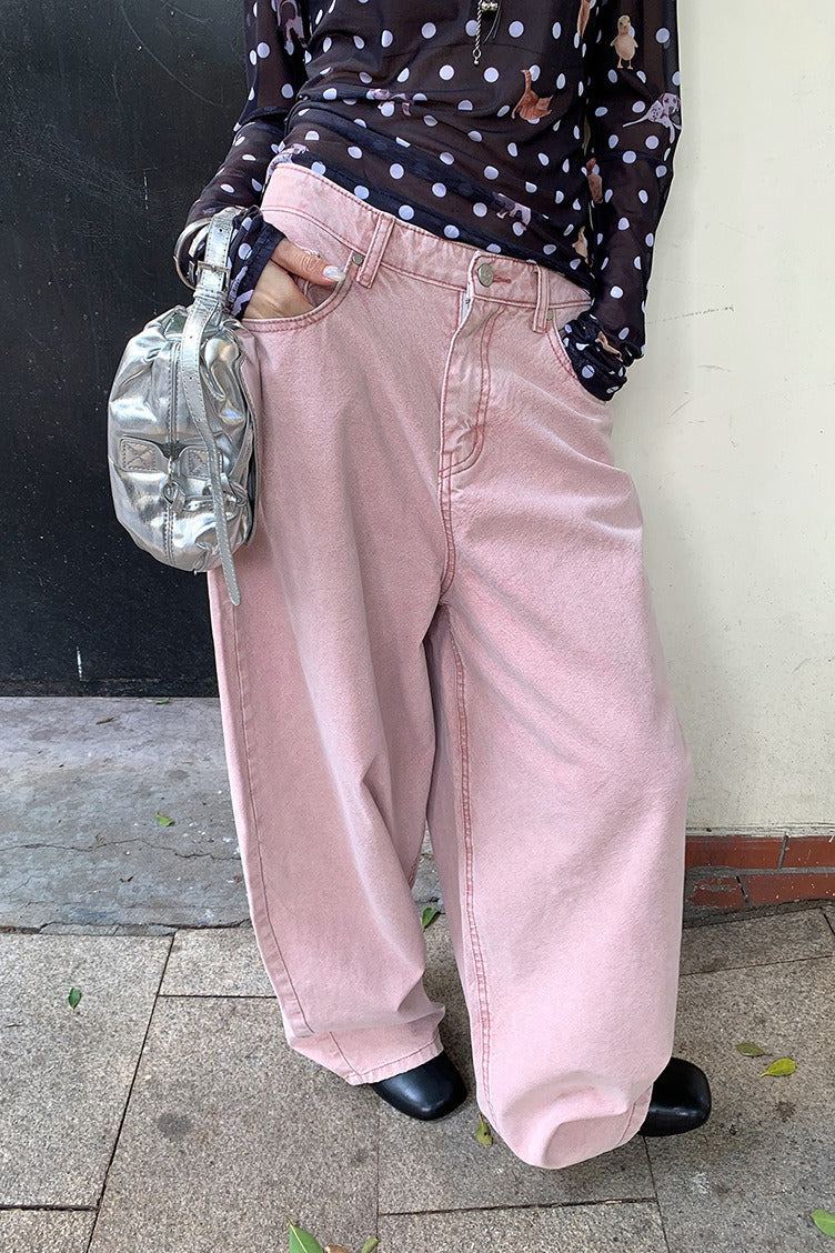 Pink Heart Pocket Loose Wide Leg Jeans