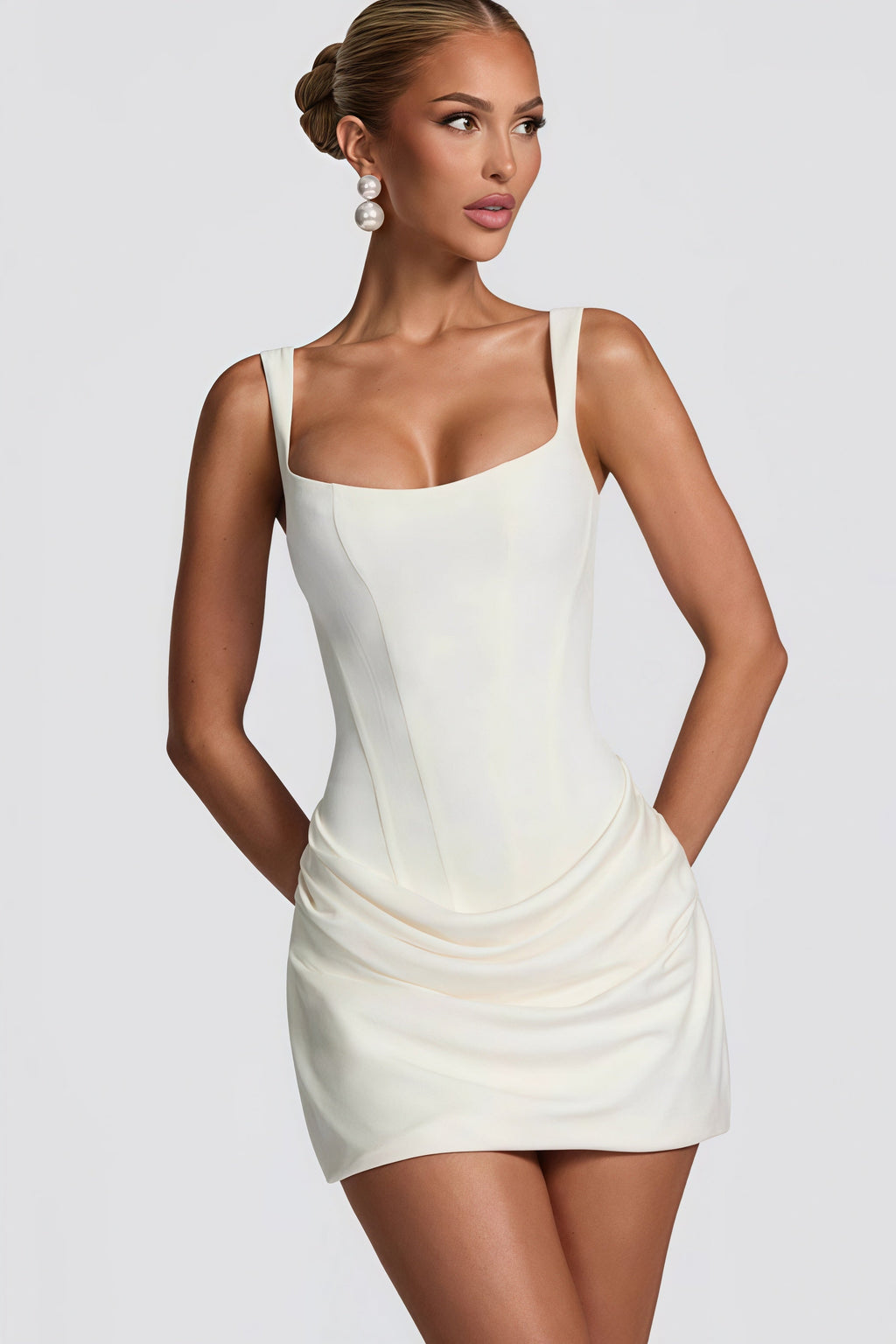 Woman wearing Boned Ruched Bodice Party Mini Dress from Hicosy — view 3