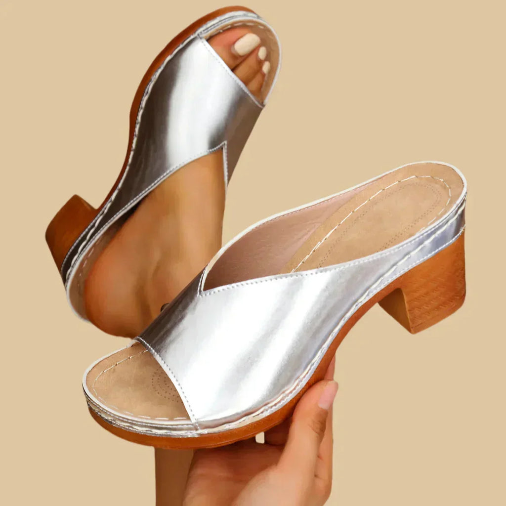 Metallic Slip On Block Heel Open Toe Mule