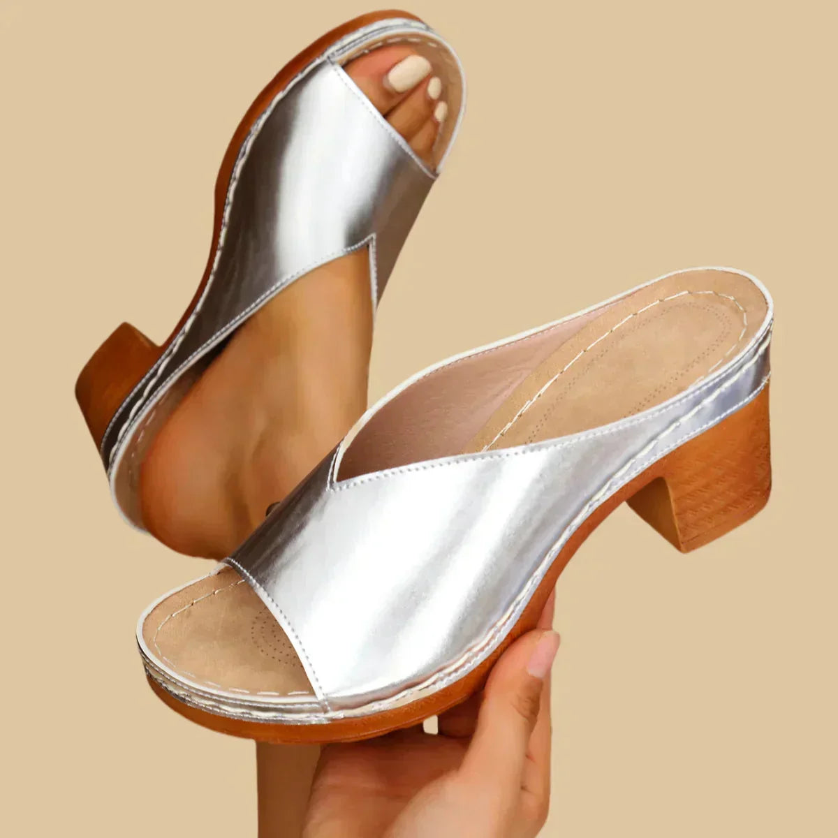 Metallic Slip On Block Heel Open Toe Mule