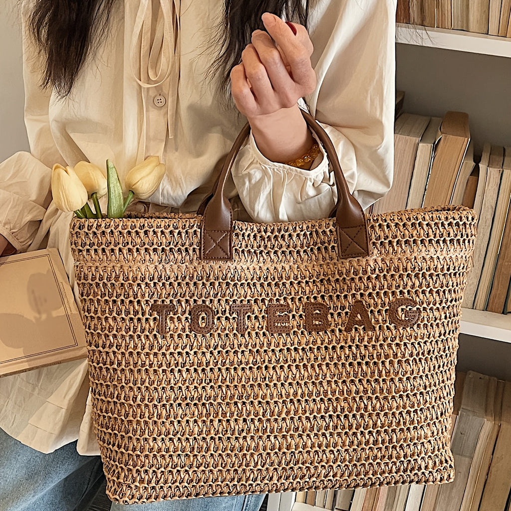 Large Woven Tote Bag with Leather Handles