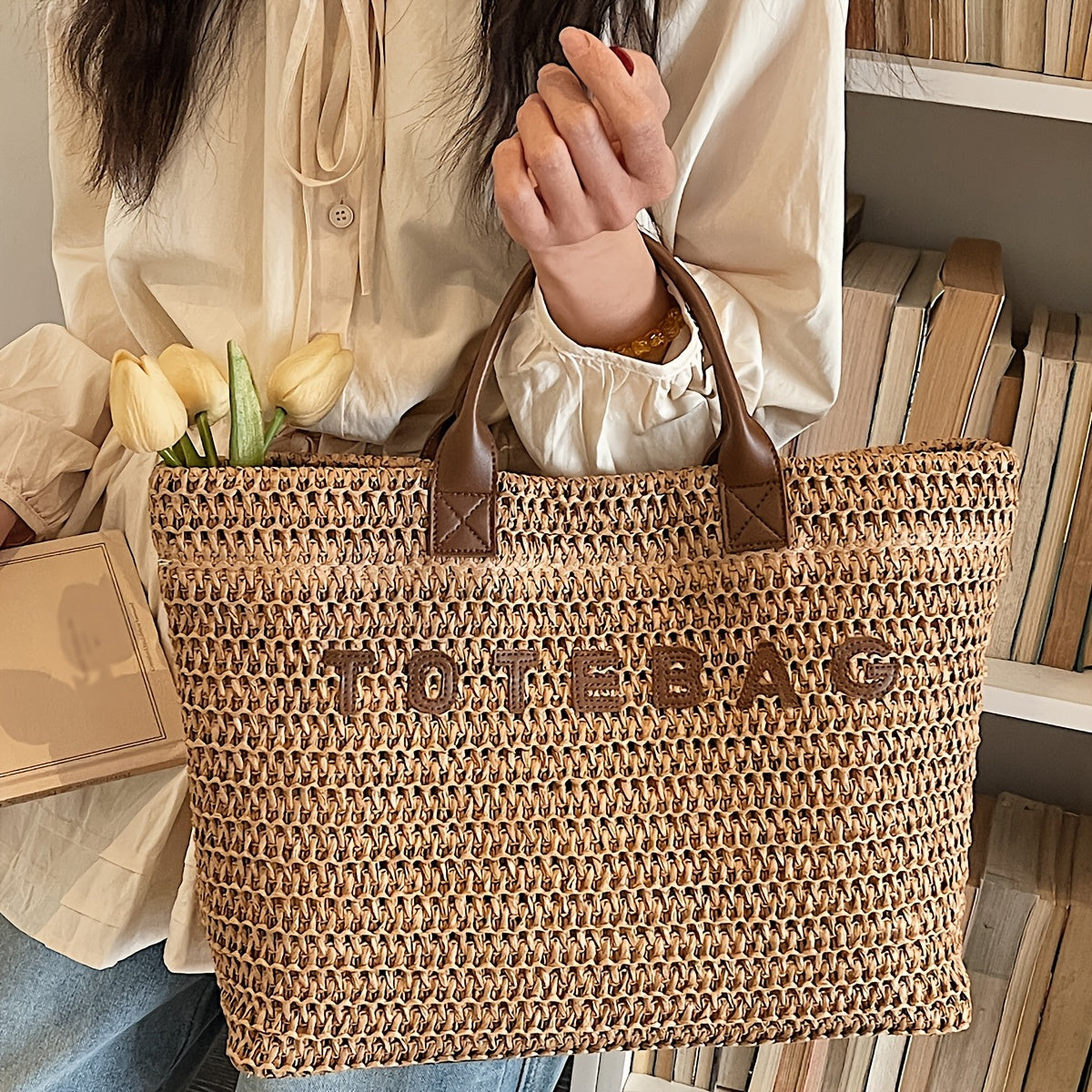 Large Woven Tote Bag with Leather Handles