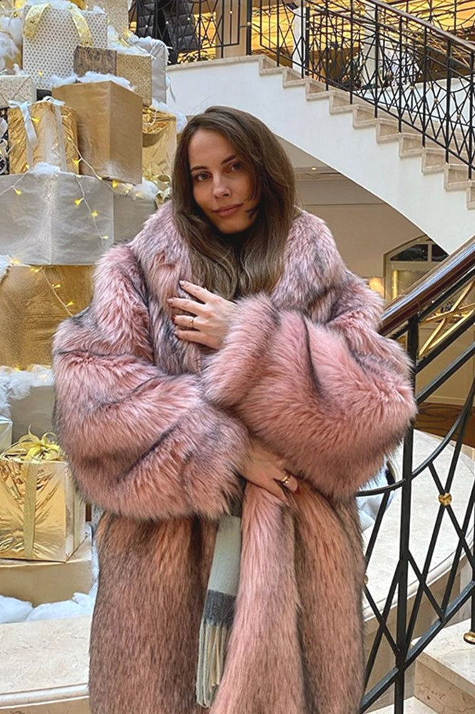 Woman wearing Plush Open-Front Faux-Fur Coat from Hicosy — view 3