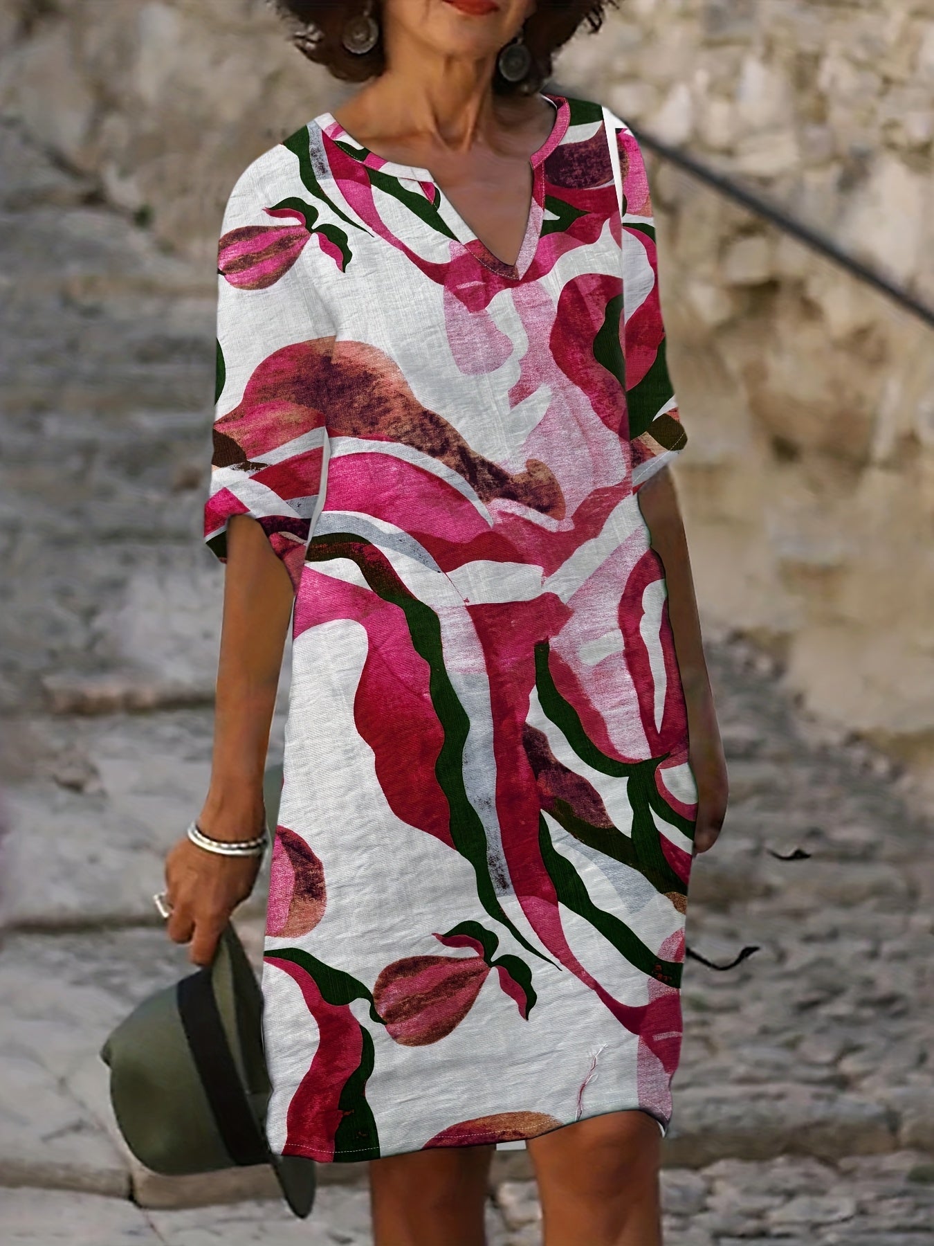 Women's Spring/Autumn Casual Straight-Leg V-Neck Printed Dress