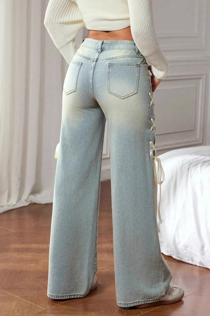 Bow Sash Decor Loose Wide Leg Jeans