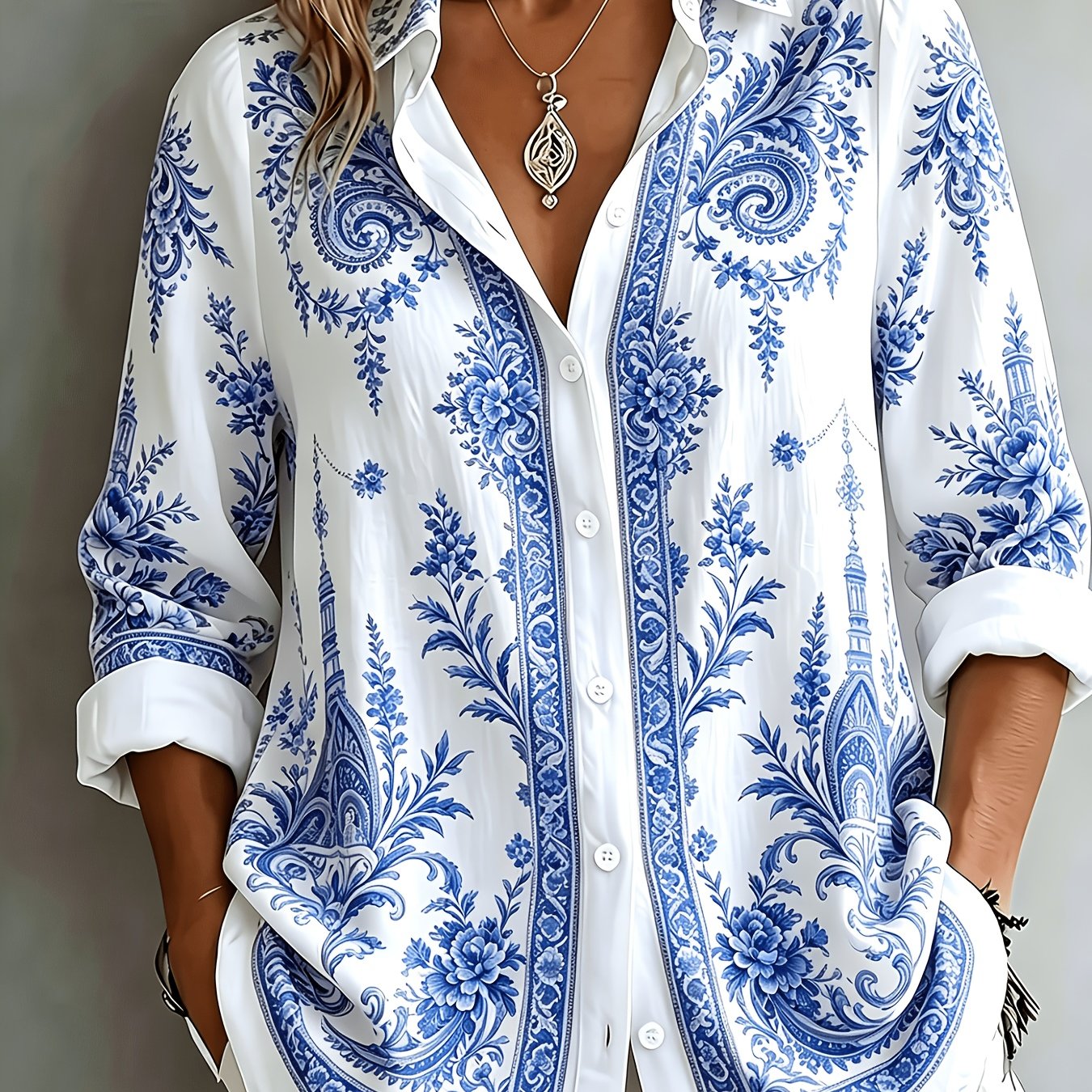 Floral Paisley Print Long Sleeve Oversized Casual Blouse