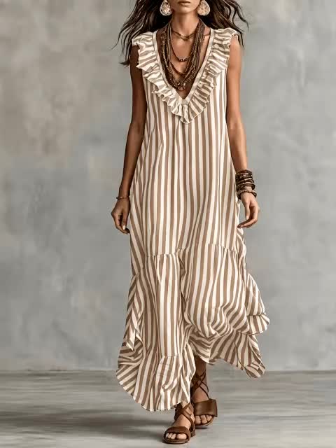 Striped Ruffled V Neck Boho Maxi Dress for Vacation