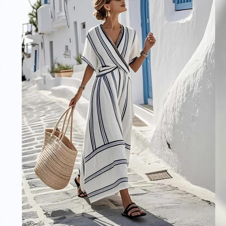 Casual Loose Retro Striped Print Holiday Summer Dress