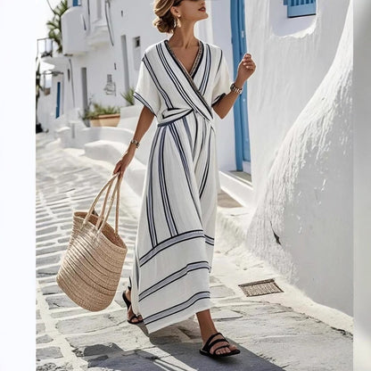 Casual Loose Retro Striped Print Holiday Summer Dress