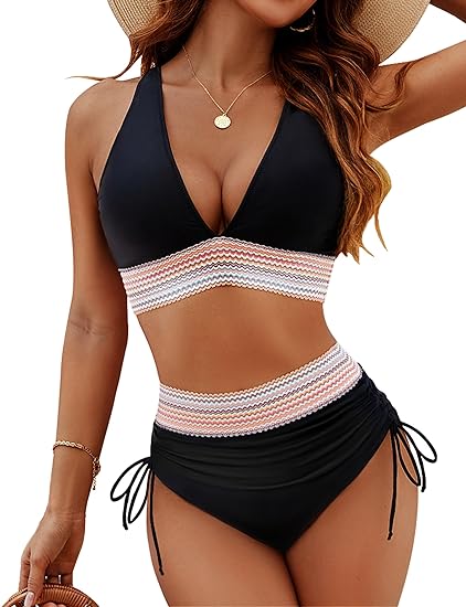 Crochet Trim Halter High Waist Drawstring Bikini Set