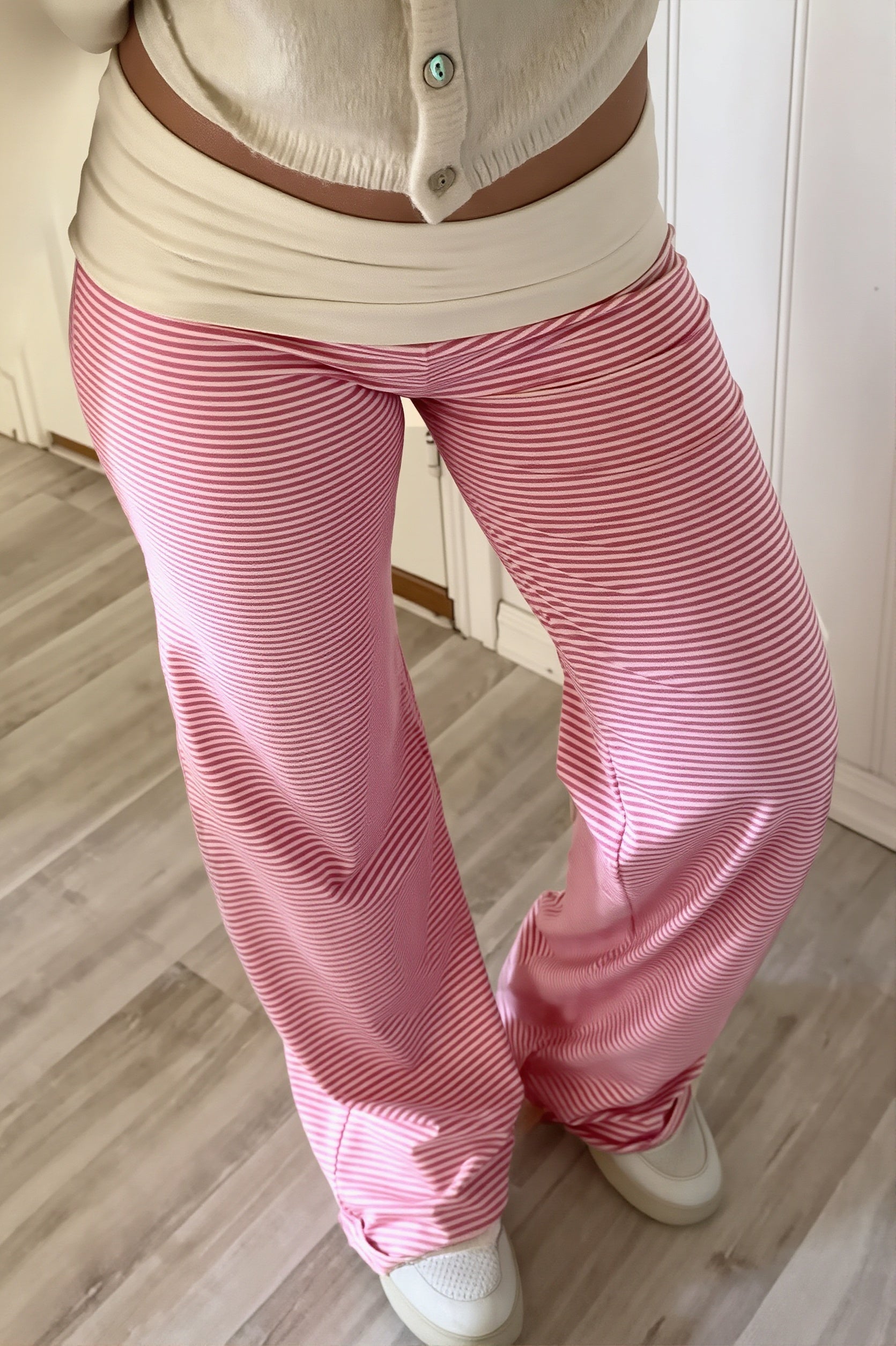 Fold Waist Stripe Knit Straight Pants