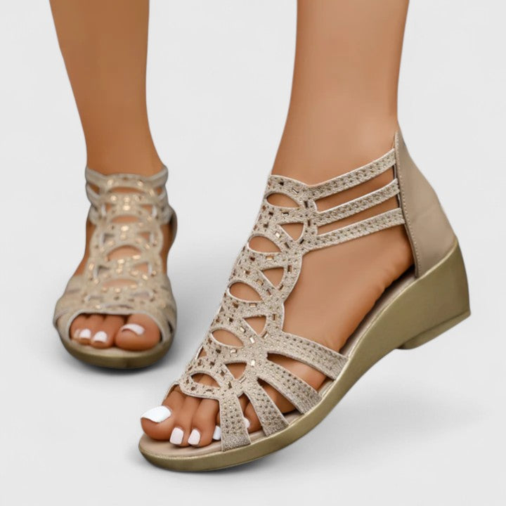 Crystal Studded Cut Out Zip Back Gladiator Wedge Sandal