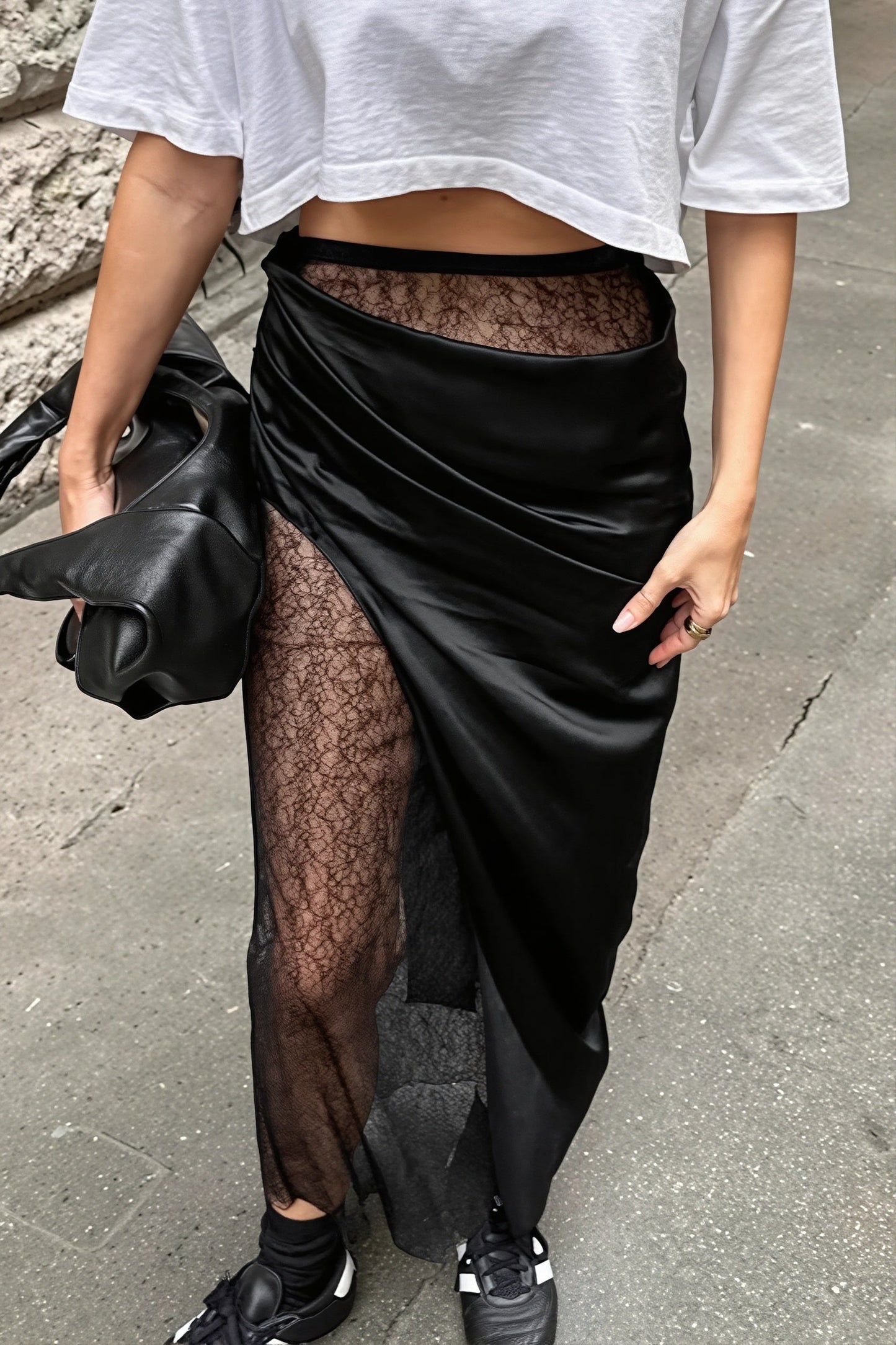 Satin Wrap Lace Slit Asymmetrical Skirt