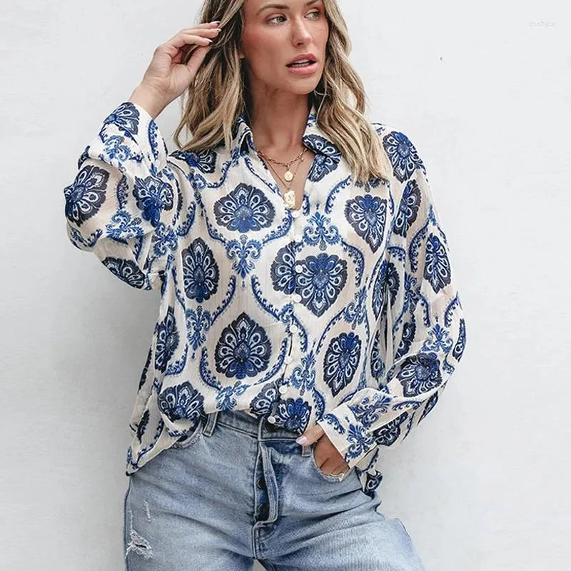 Blue Flowered Printed Extended Sleeve V-Neck Bohemian Top