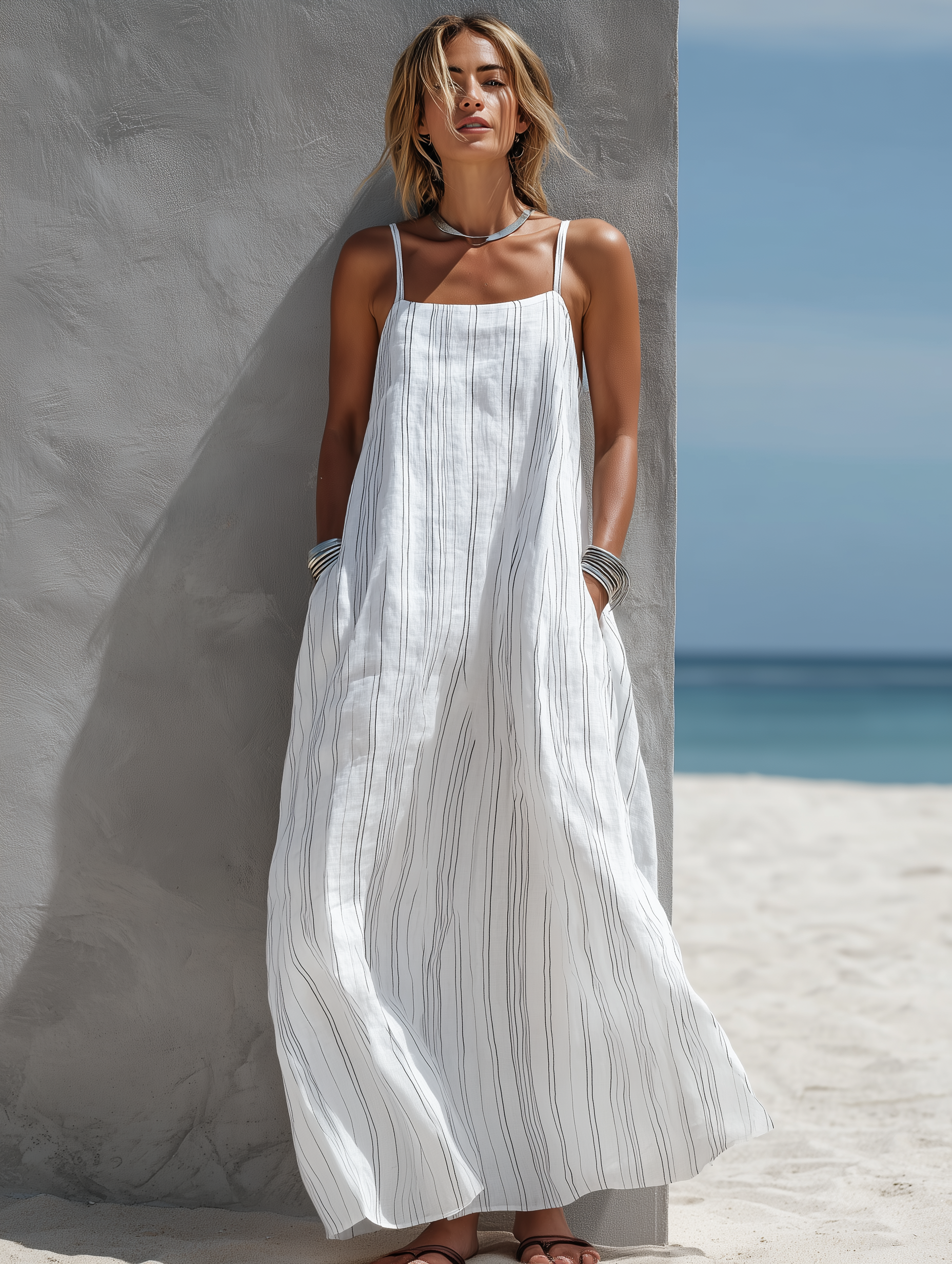 Striped Spaghetti Strap Square Neck Linen Beach Maxi Dress