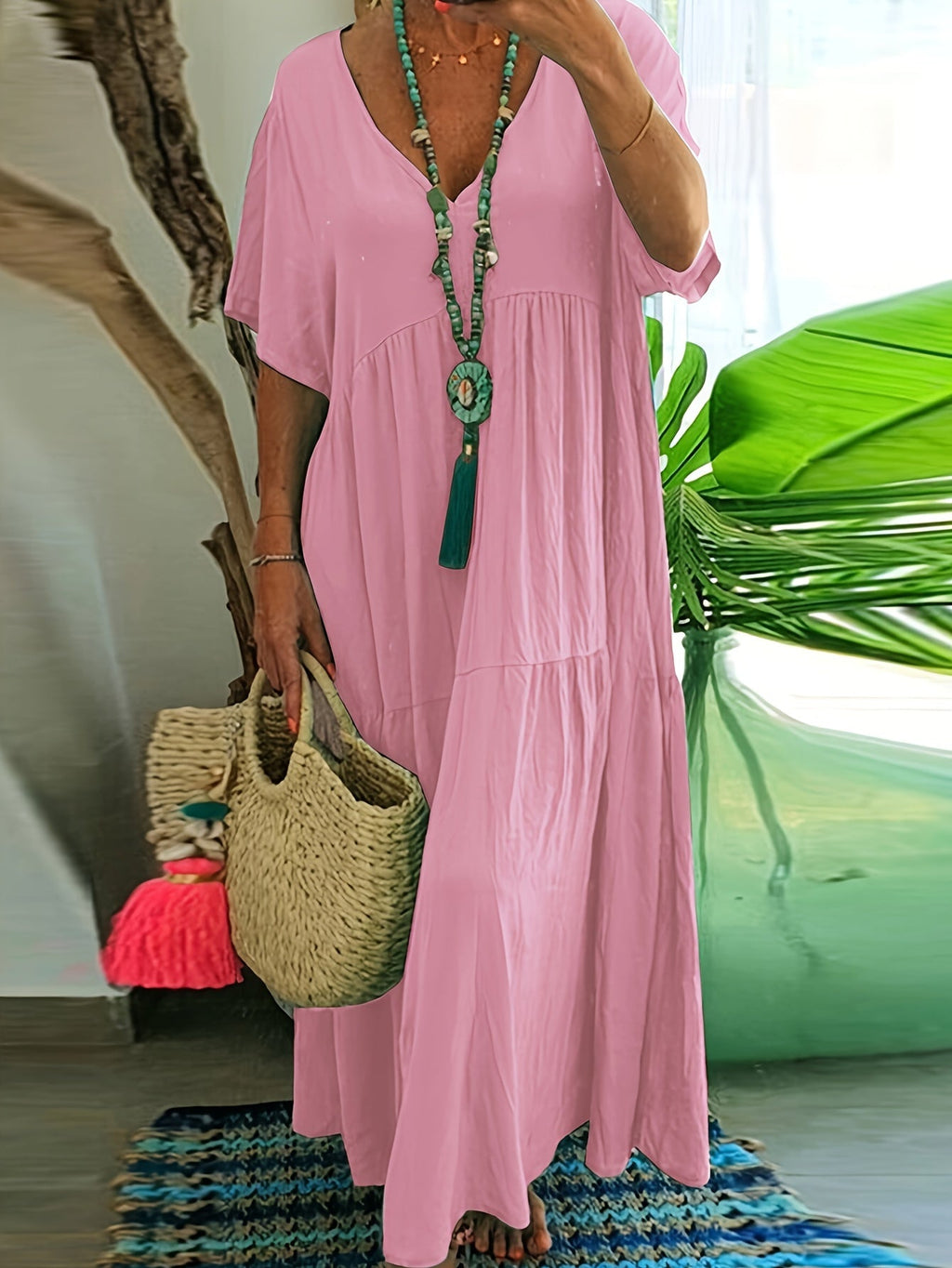 Flowy V Neck Tiered Cotton Maxi Dress for Plus Size