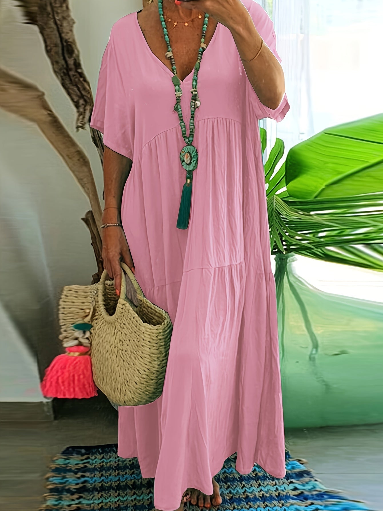 Flowy V Neck Tiered Cotton Maxi Dress for Plus Size