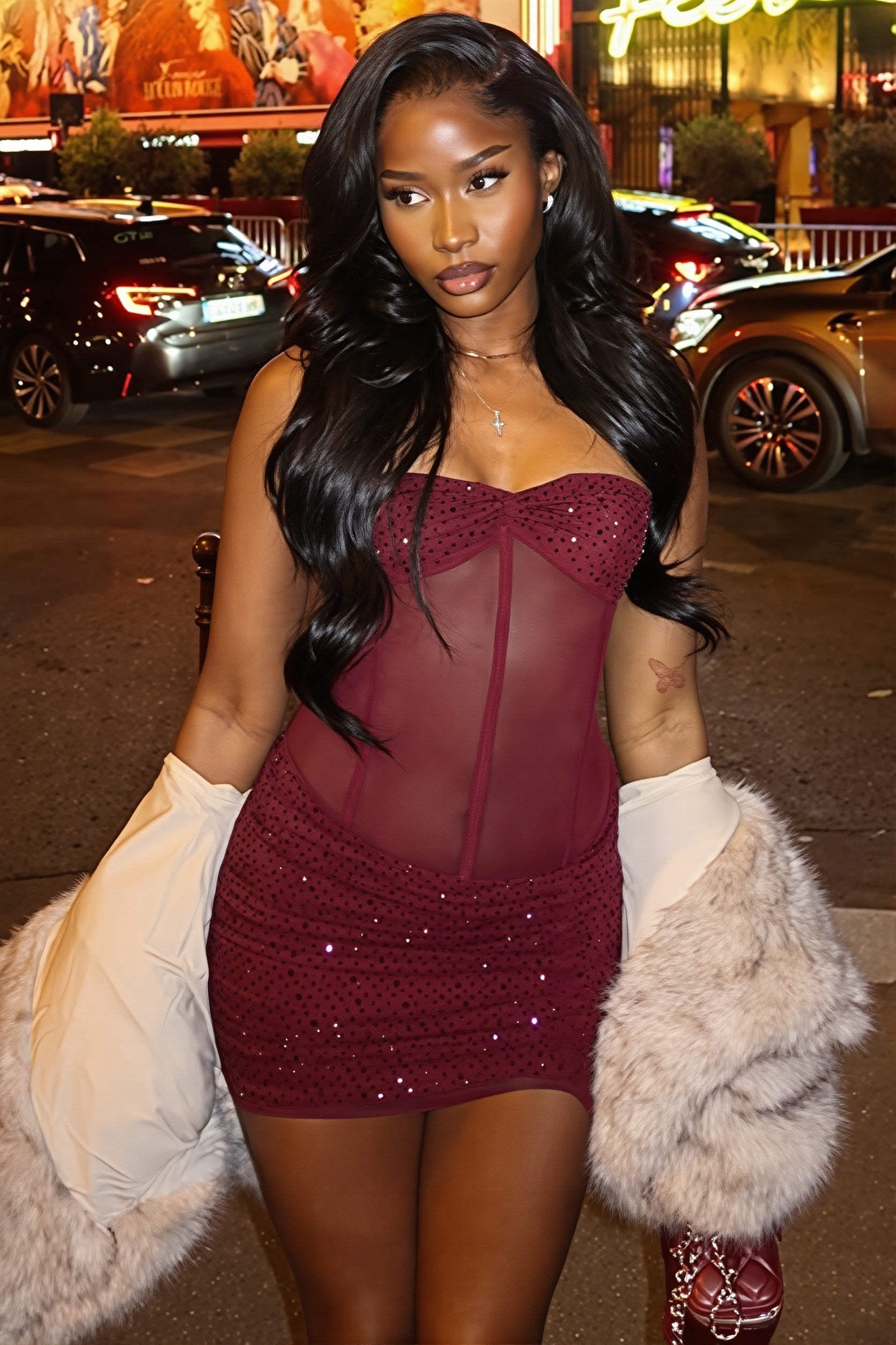 Chic Rhinestone Lace Up Mesh Cut Out Bodycon Mini Dress