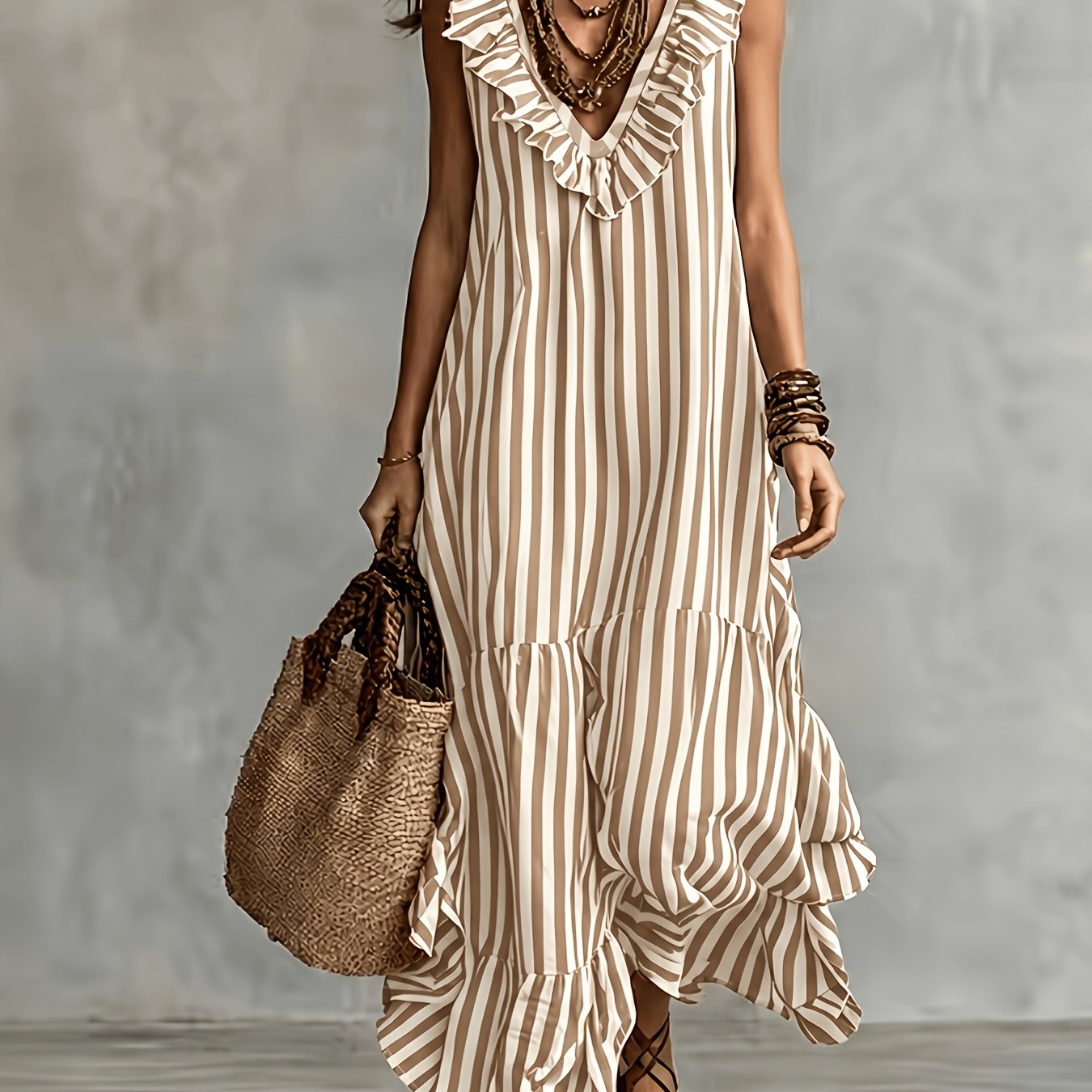 Striped Ruffled V Neck Boho Maxi Dress for Vacation