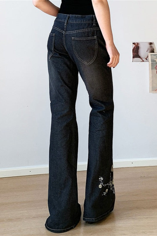 Plant Embroidered Low Waist Flare Jeans