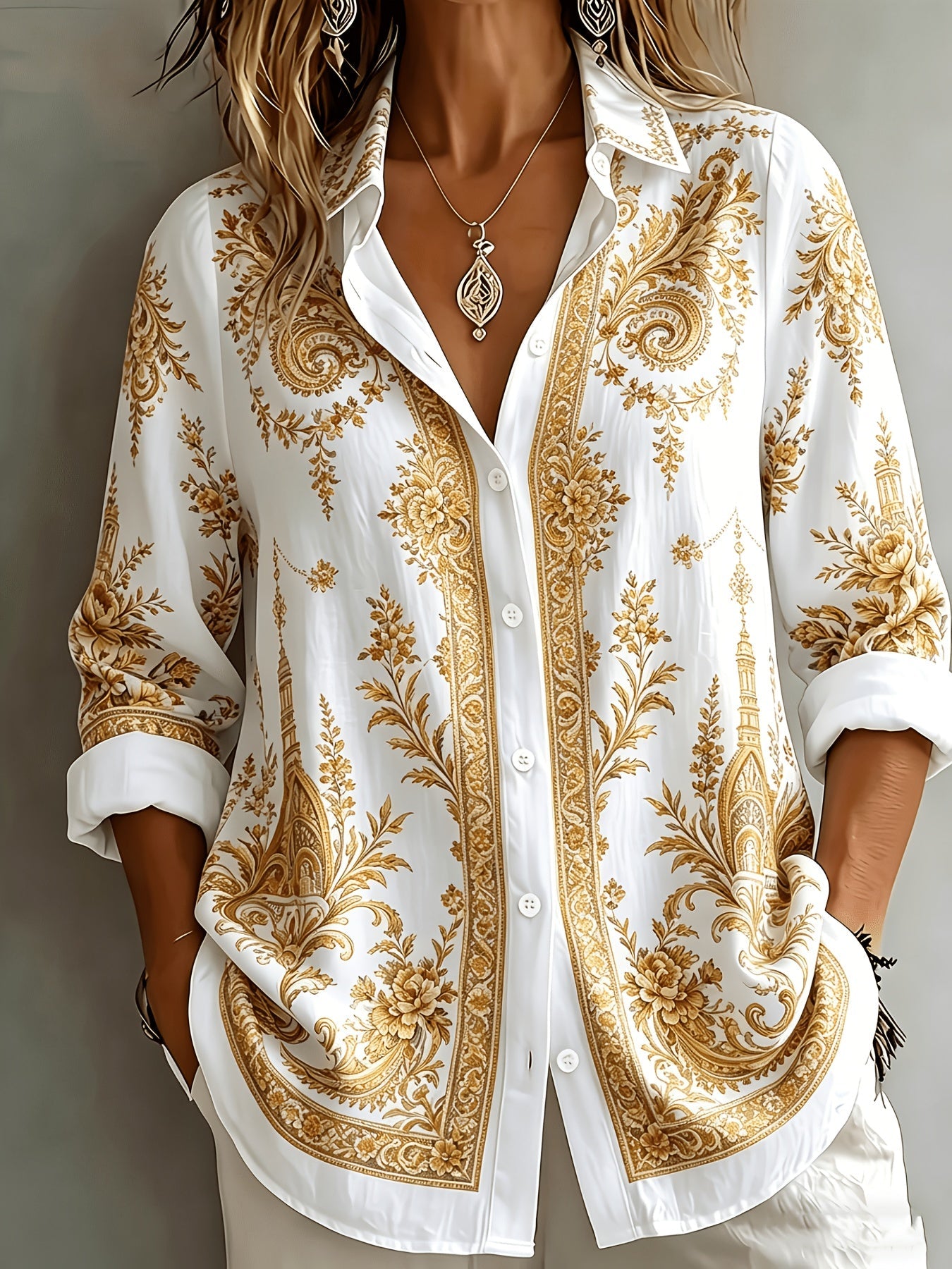 Floral Paisley Print Long Sleeve Oversized Casual Blouse