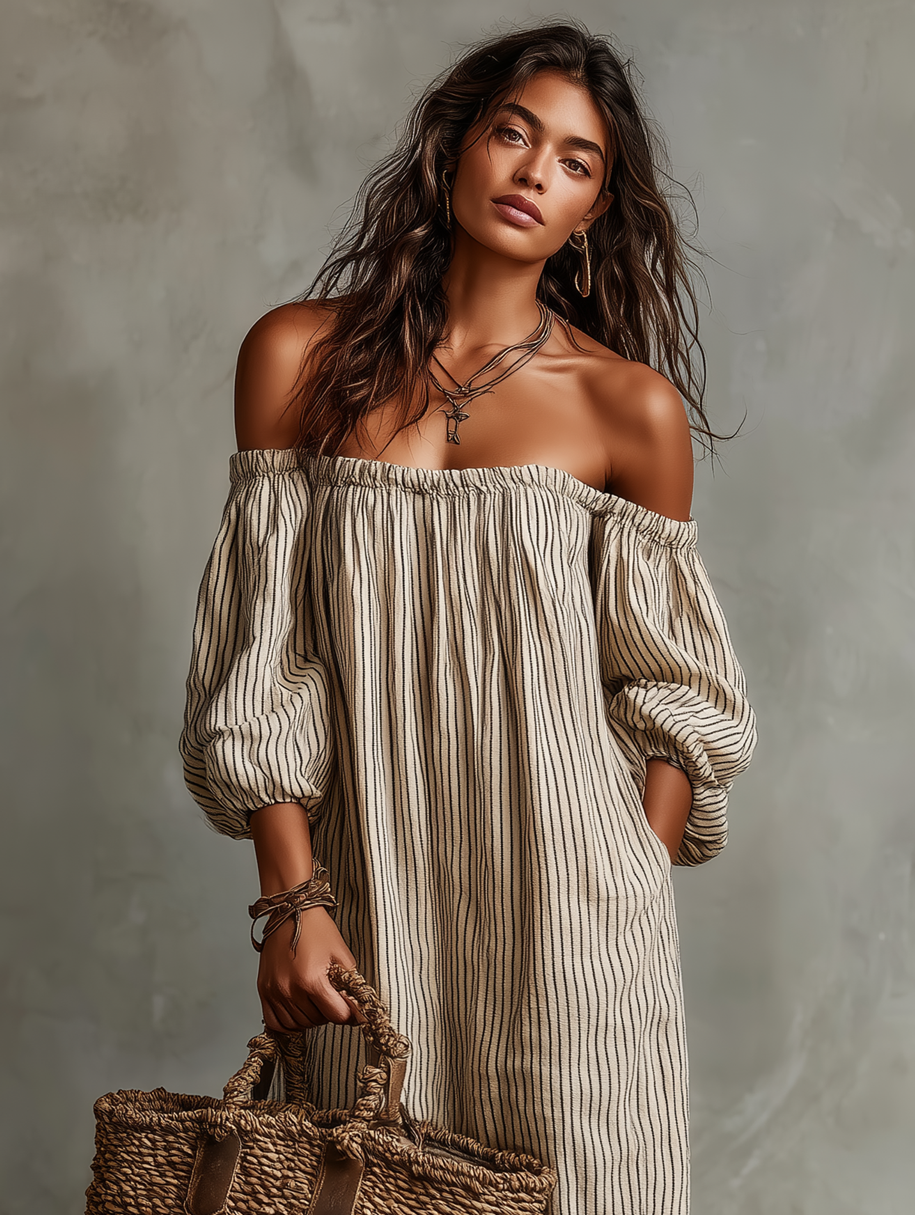 Striped Off Shoulder Puff Sleeve Casual Linen Maxi Dress