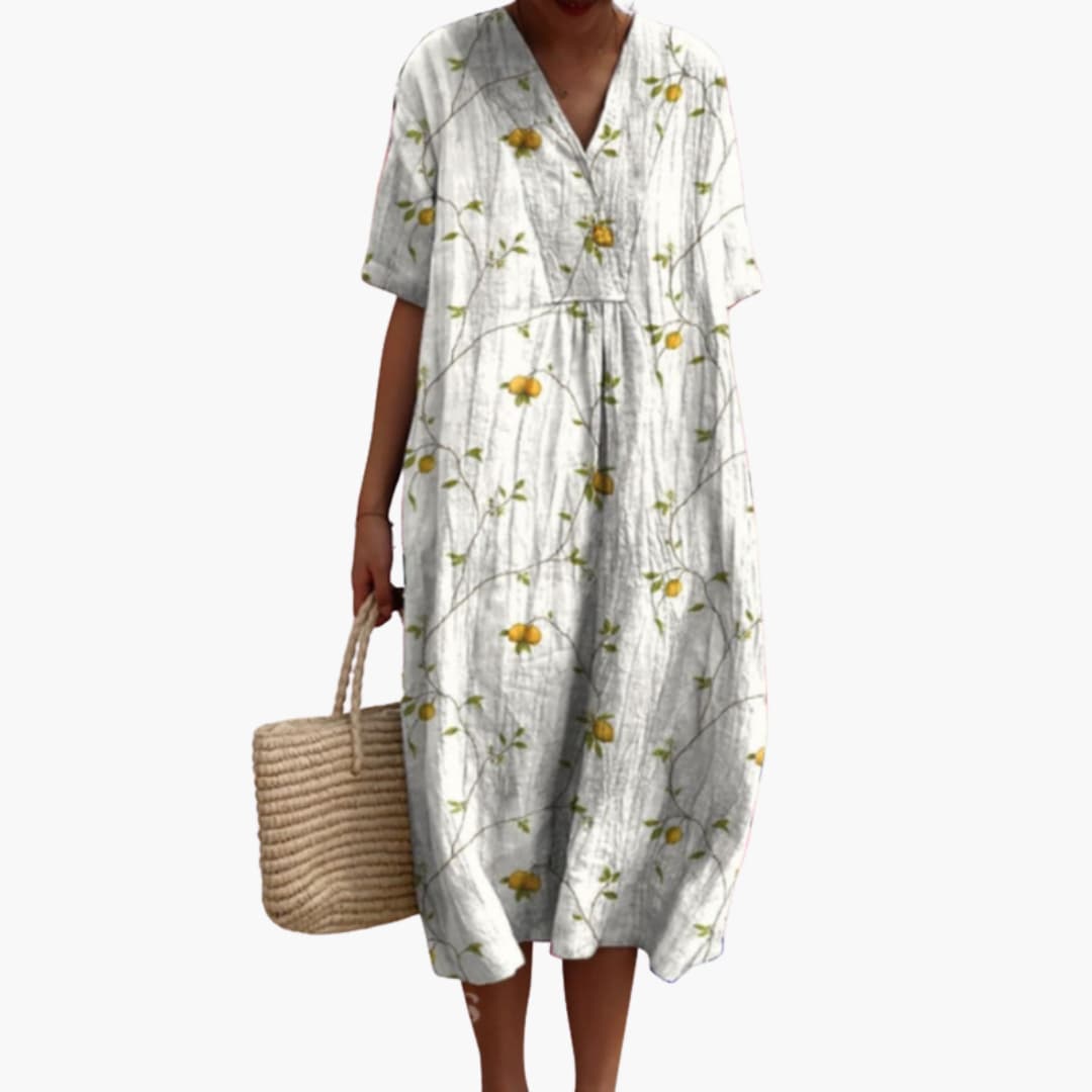 Floral V Neck Short Sleeve Oversized Casual Midi Dress