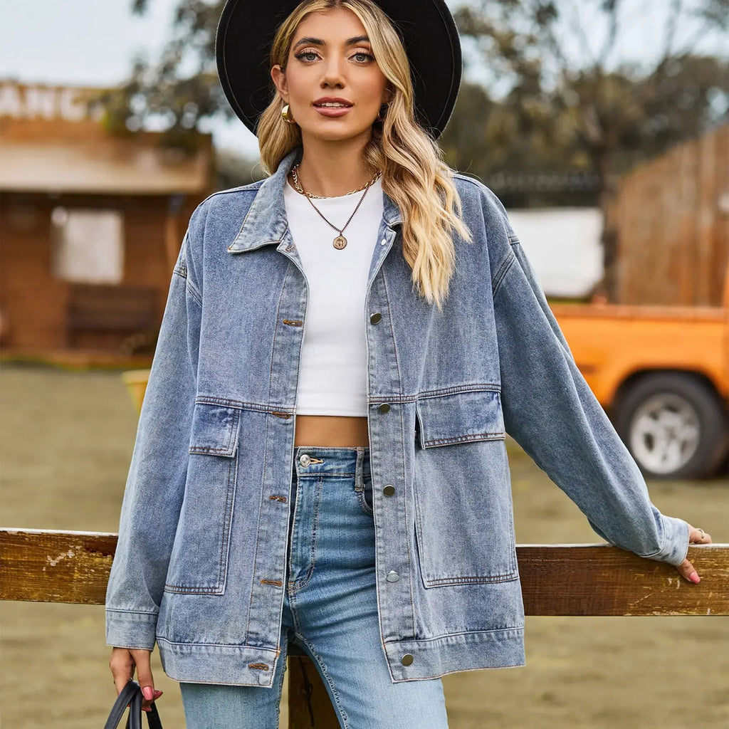 Oversized Denim Shirt Jacket with Patch Pockets