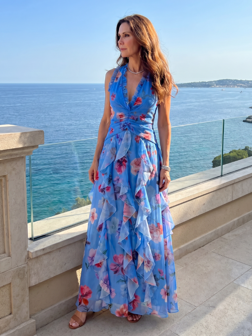 Floral Halter Neck Ruched Bodice Ruffle Flowy Maxi Dress - Wedding Guest
