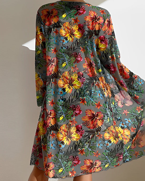 Tropical Floral Tie Front Bikini & Kimono Cover Up Set