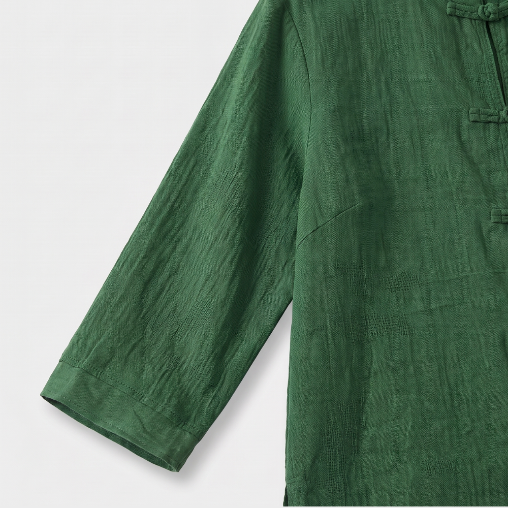 Mandarin Collar Frog Button Linen Blouse for Casual Style