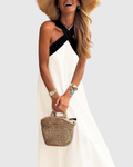 Colorblock Cross Halter Neck Sleeveless Flowy Maxi Dress