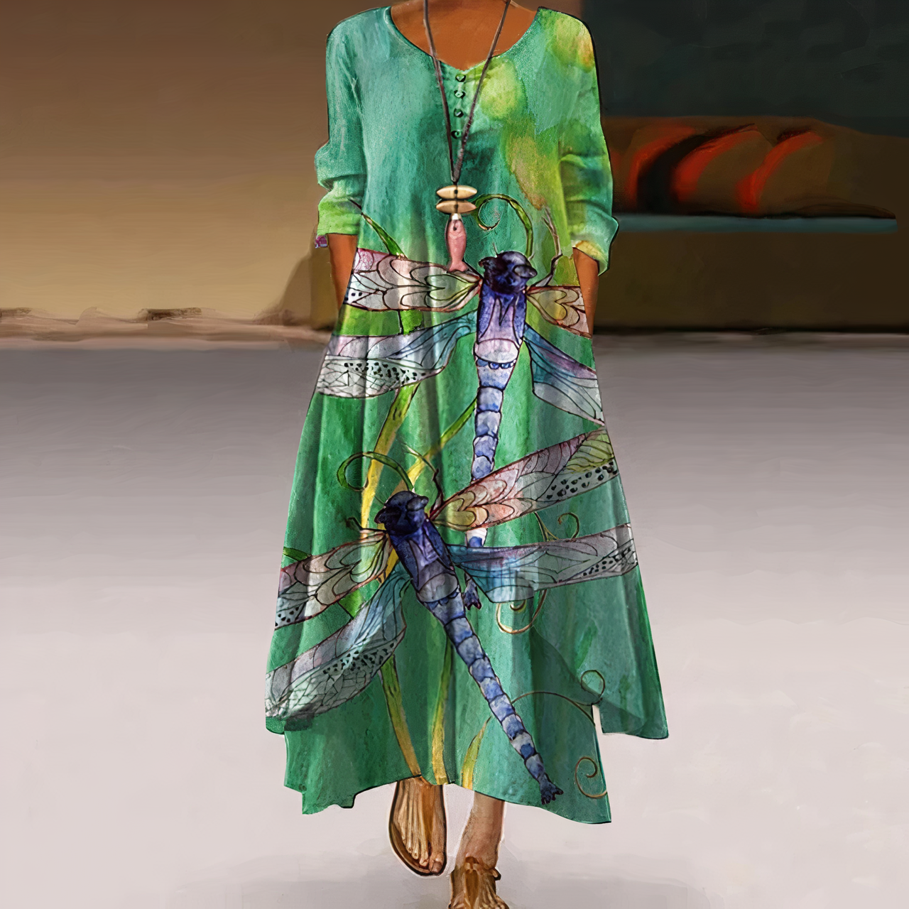 Floral Border Print Long Sleeve Oversized Maxi Dress