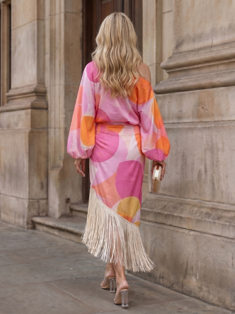 Abstract Print One Shoulder Batwing Sleeve Fringe Midi Dress