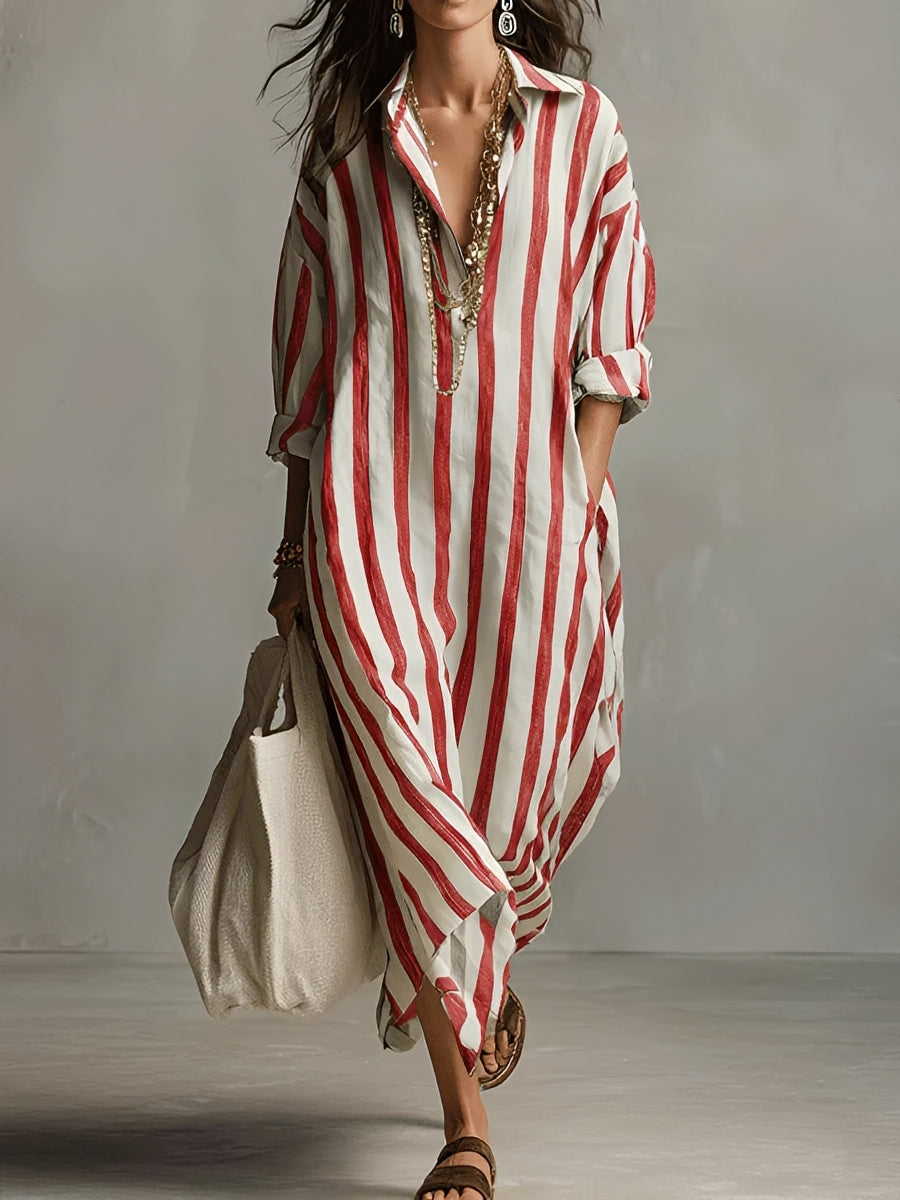 Striped V Neck Long Sleeve Casual Maxi Dress