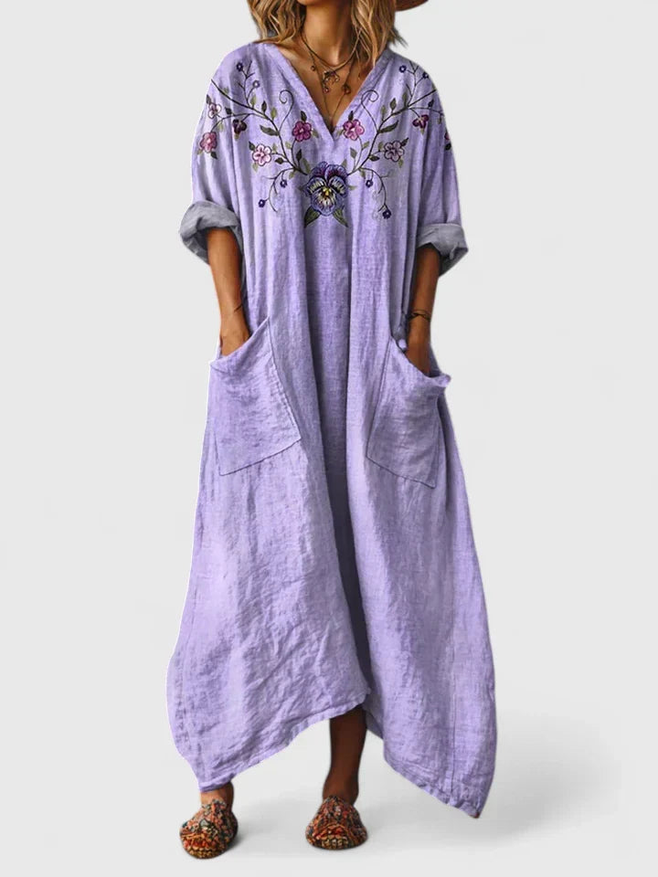 Paisley Print V Neck Patch Pocket Oversized Boho Maxi Dress
