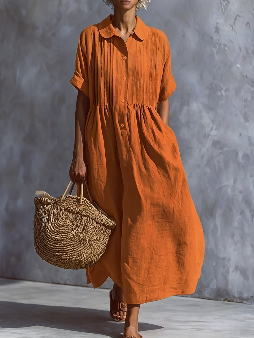 Pintuck Collared Casual Shirt Dress