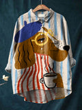 Artistic Novelty Print Collared Button Down Oversized Linen Blouse