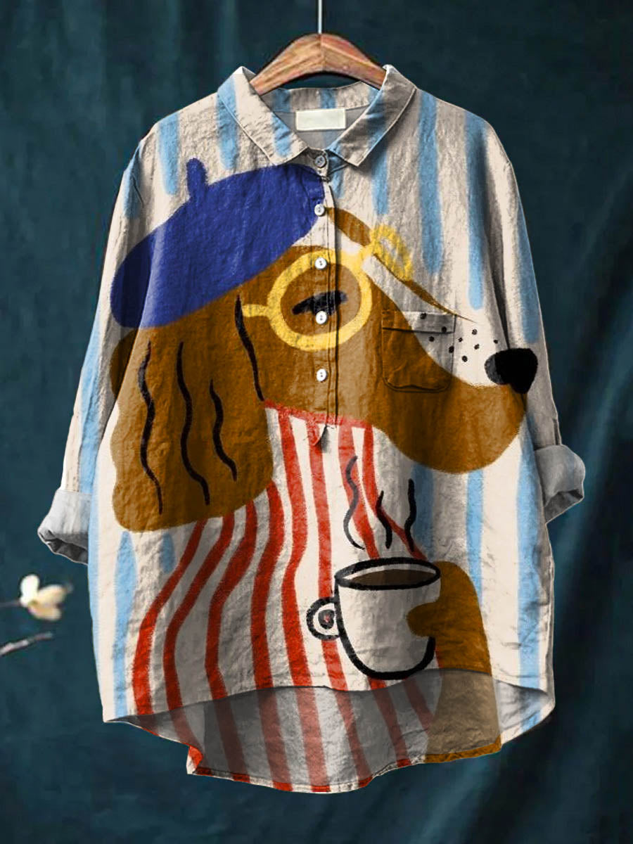Artistic Novelty Print Collared Button Down Oversized Linen Blouse