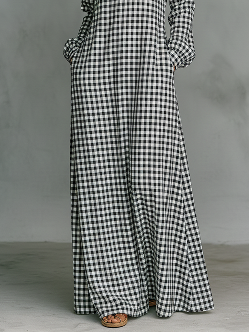 Gingham Check V Neck Long Sleeve Casual Maxi Dress
