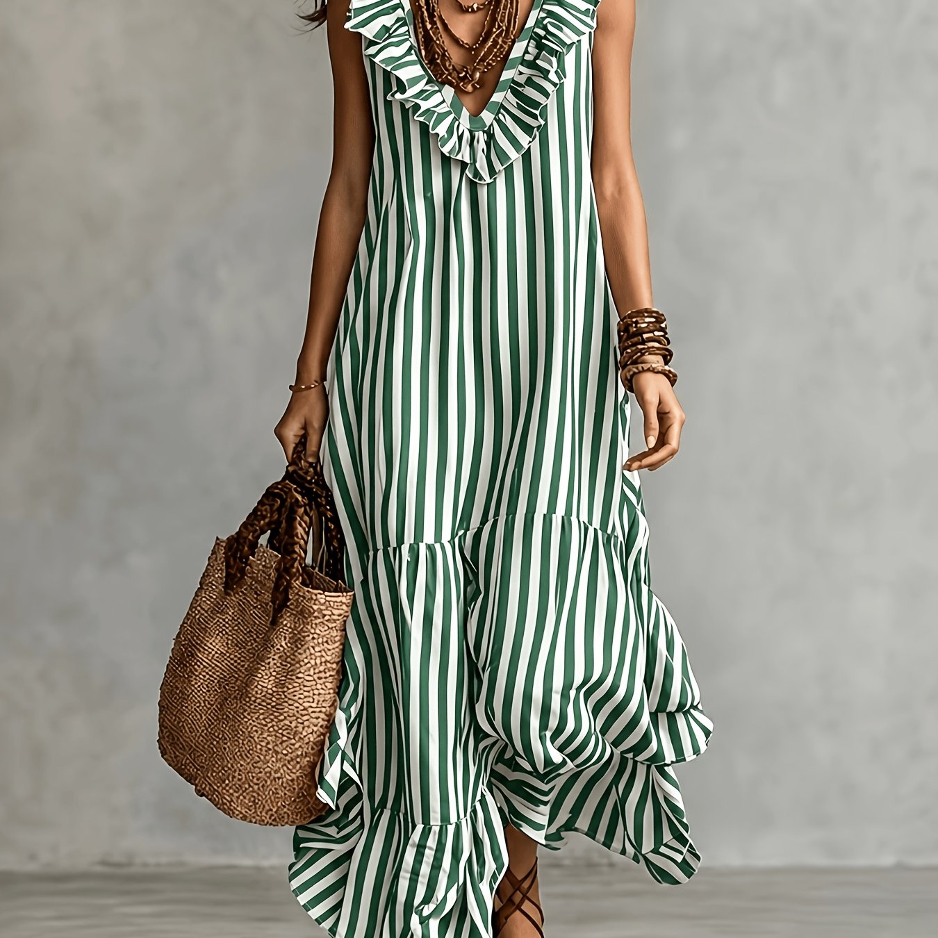 Striped Ruffled V Neck Boho Maxi Dress for Vacation