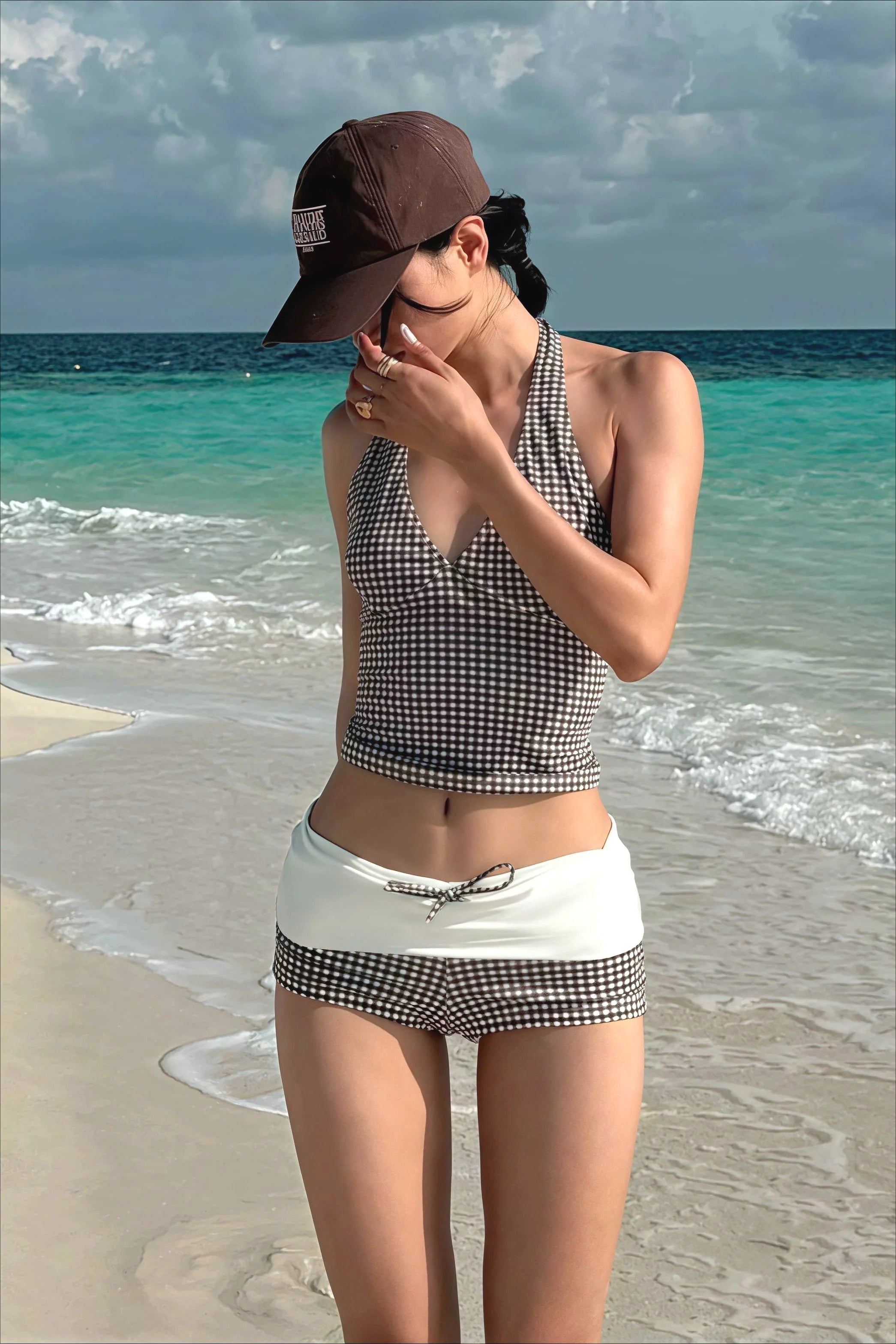 Plaid V Neck Backless Two Piece Swim Set