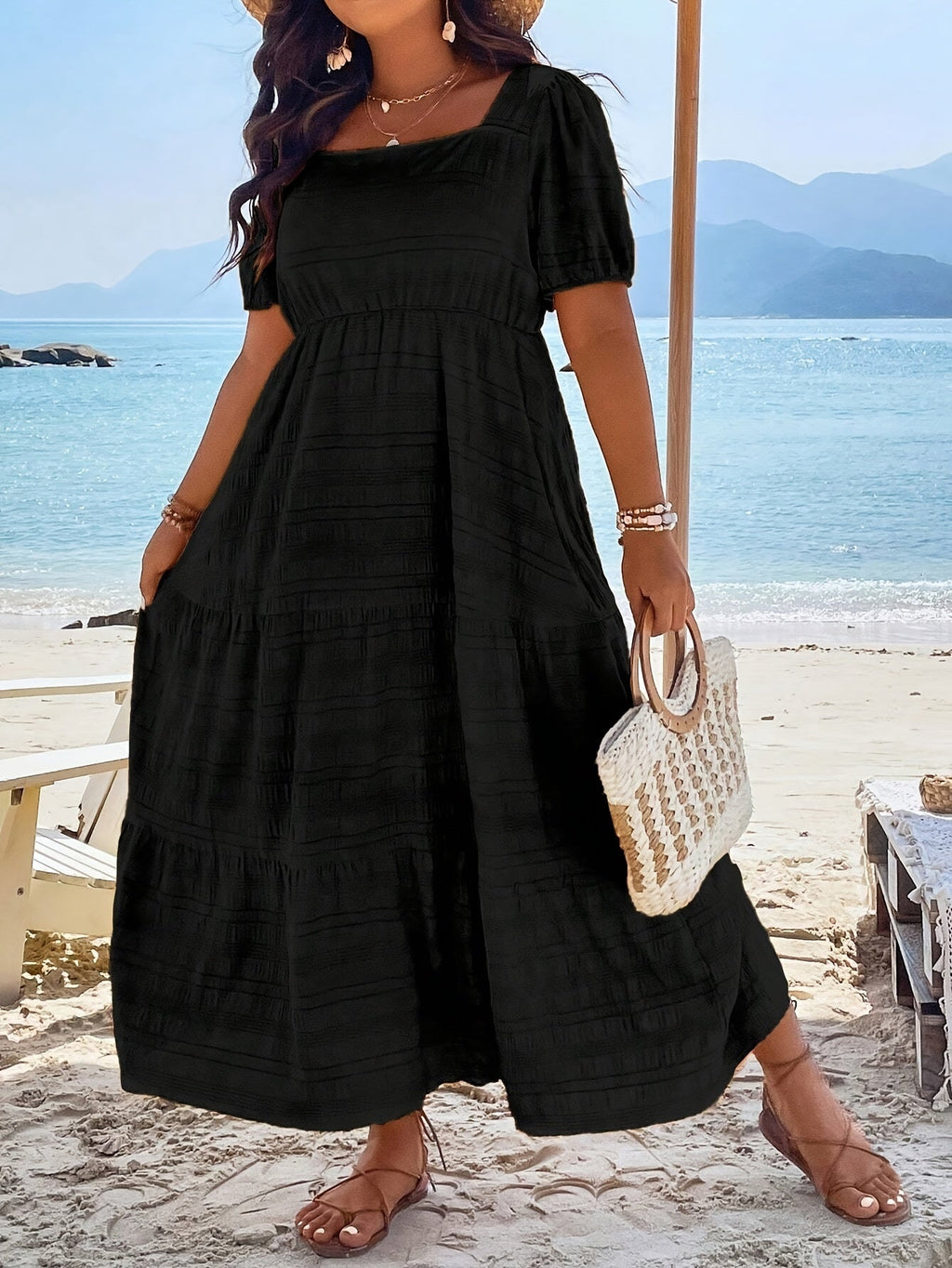 Plus Size Square Neck Puff Sleeve Maxi Dress